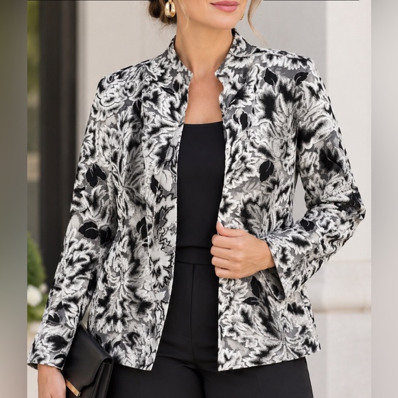 Margot New York Tops - Margot Rozanska Sheer Black and White Leaf Pattern Jacket Top M